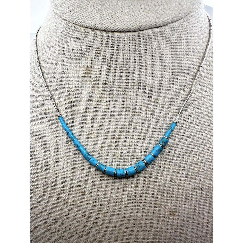 Vintage Southwestern Liquor Silver Blue Stone Bead Necklace 15”
